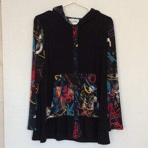 Joseph Ribkoff Womens Hooded Blouse Tunic Sz 14 Geometric Pattern Pockets Button